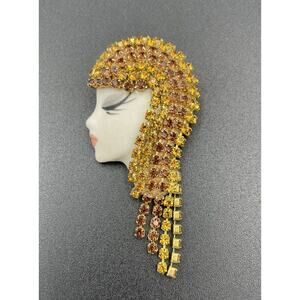 Amber Rhinestone Egyptian Flapper Lady Face Head Brooch Signed CW